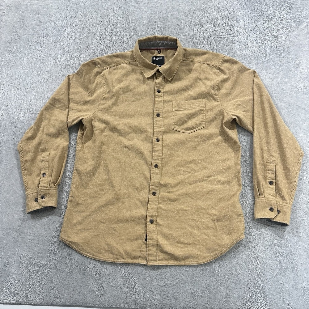 Marmot Button Shirt Flannel Long Sleeve Men L Tan Beige Hiking Casual Outdoors